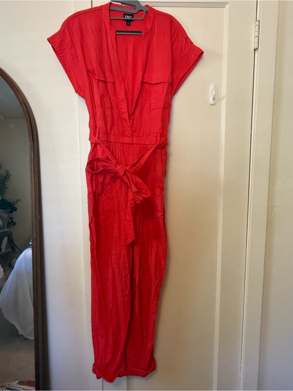 INC International Concepts Vibrant Red V-Neck Belted Jumpsuit